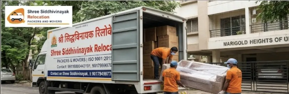 Shree Siddhivinayak relocation truck loading at a Mumbai society