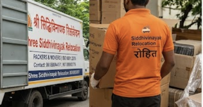 Relocation crew moving packed boxes near company truck